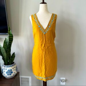 Urban Outfitters V-Neck Mustard Shirt Dress with Contrast Embroidered Hem Detail